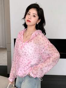 DAZY Hoa Lộn xộn Thả vai Dây rút áo có mũ Áo khoác - Hồng - Xem 1