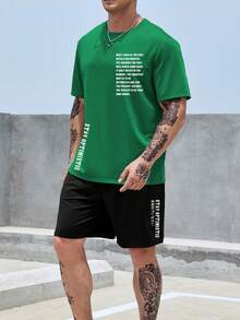 Manfinity Homme Men Plus Slogan Graphic Tee & Shorts - Green - View 3