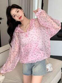 DAZY Hoa Lộn xộn Thả vai Dây rút áo có mũ Áo khoác - Hồng - Xem 3