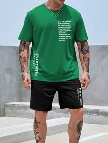 Manfinity Homme Men Plus Slogan Graphic Tee & Shorts - Green - View 4