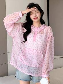 DAZY Hoa Lộn xộn Thả vai Dây rút áo có mũ Áo khoác - Hồng - Xem 4