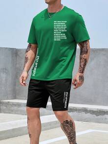 Manfinity Homme Men Plus Slogan Graphic Tee & Shorts - Green - View 5