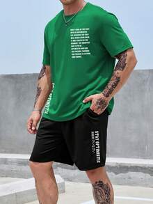 Manfinity Homme Men Plus Slogan Graphic Tee & Shorts - Green - View 6