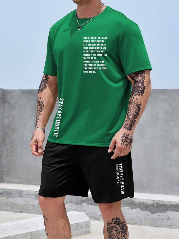 Manfinity Homme Nam Plus Đồ họa Khẩu hiệu Áo thun & quần đùi - màu xanh lá - Xem 7