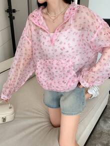 DAZY Hoa Lộn xộn Thả vai Dây rút áo có mũ Áo khoác - Hồng - Xem 5