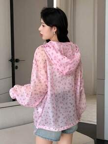 DAZY Hoa Lộn xộn Thả vai Dây rút áo có mũ Áo khoác - Hồng - Xem 6