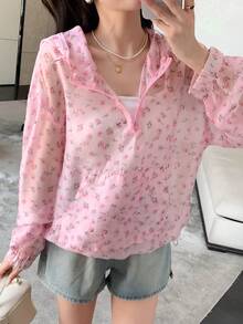 DAZY Hoa Lộn xộn Thả vai Dây rút áo có mũ Áo khoác - Hồng - Xem 7