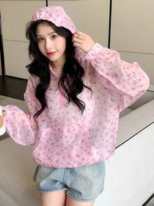 DAZY Hoa Lộn xộn Thả vai Dây rút áo có mũ Áo khoác - Hồng - Xem 8