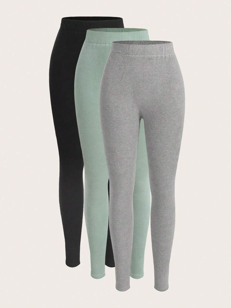 SHEIN EZwear 3pcs Solid Elastic Waist Leggings - Multicolor - View 1