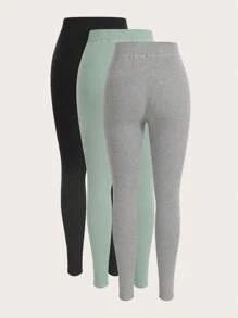 SHEIN EZwear 3pcs Solid Elastic Waist Leggings - Multicolor - View 2