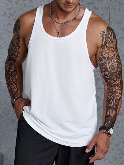 Manfinity Homme Men Plus Size Solid Tank Top Sleeveless Plain White Going Out Basic Tank Top