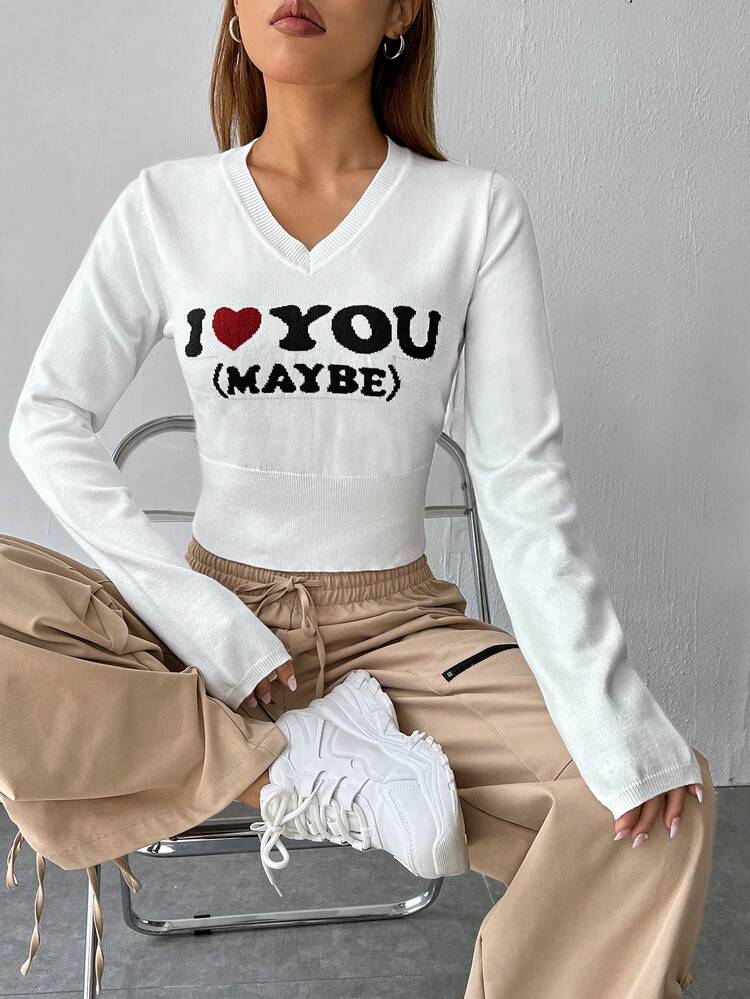 Heart & Slogan Pattern Sweater