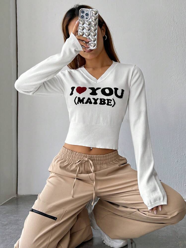 Heart & Slogan Pattern Sweater