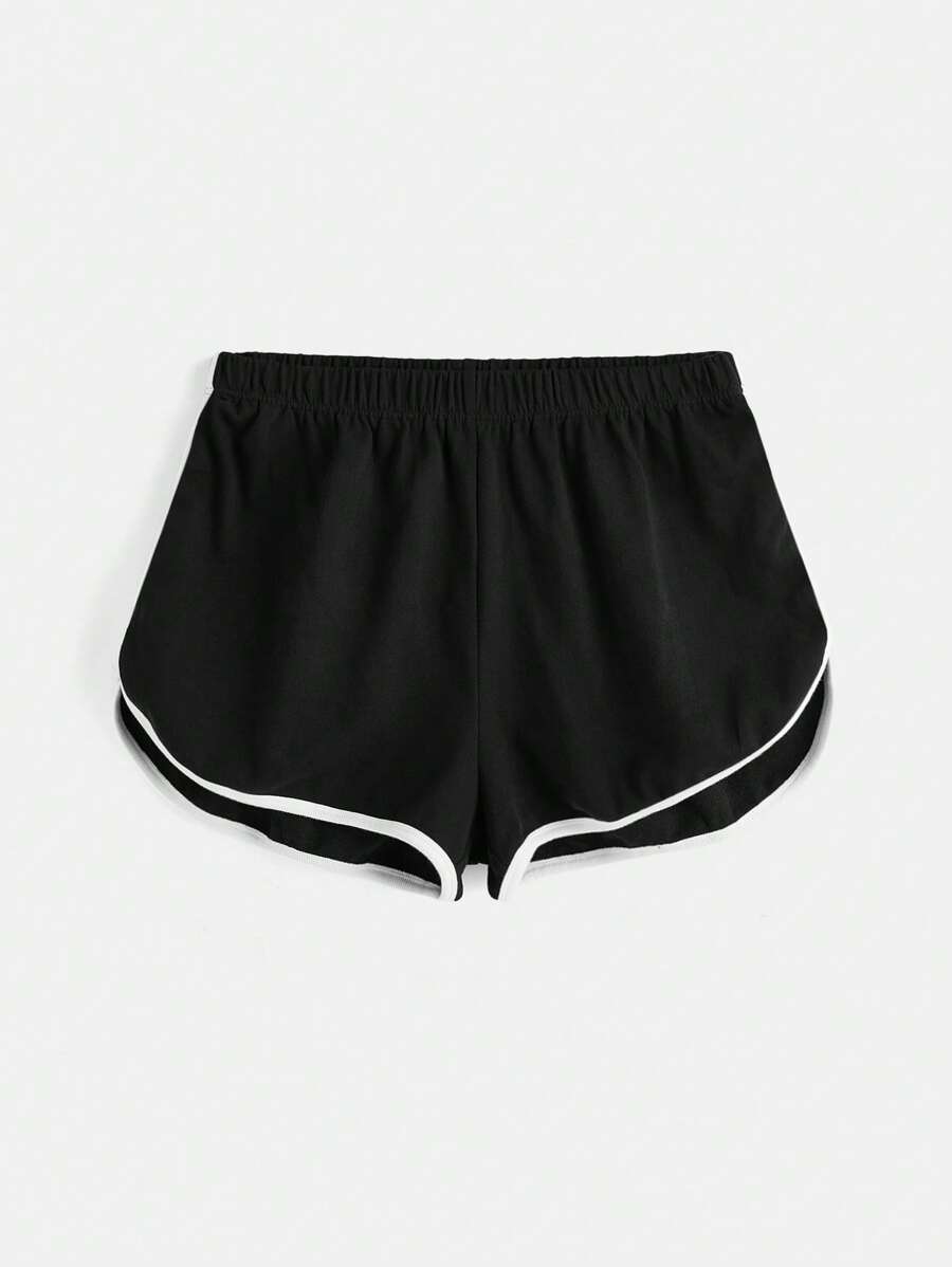 SHEIN BASICS Terry Fleece Plus Contrast Binding Track Shorts - Black - View 1
