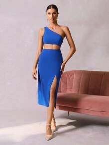 SHEIN Privé One Shoulder Split Thigh Dress - Blue - View 4