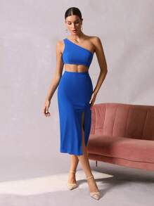 SHEIN Privé One Shoulder Split Thigh Dress - Blue - View 3