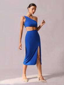 SHEIN Privé One Shoulder Split Thigh Dress - Blue - View 5