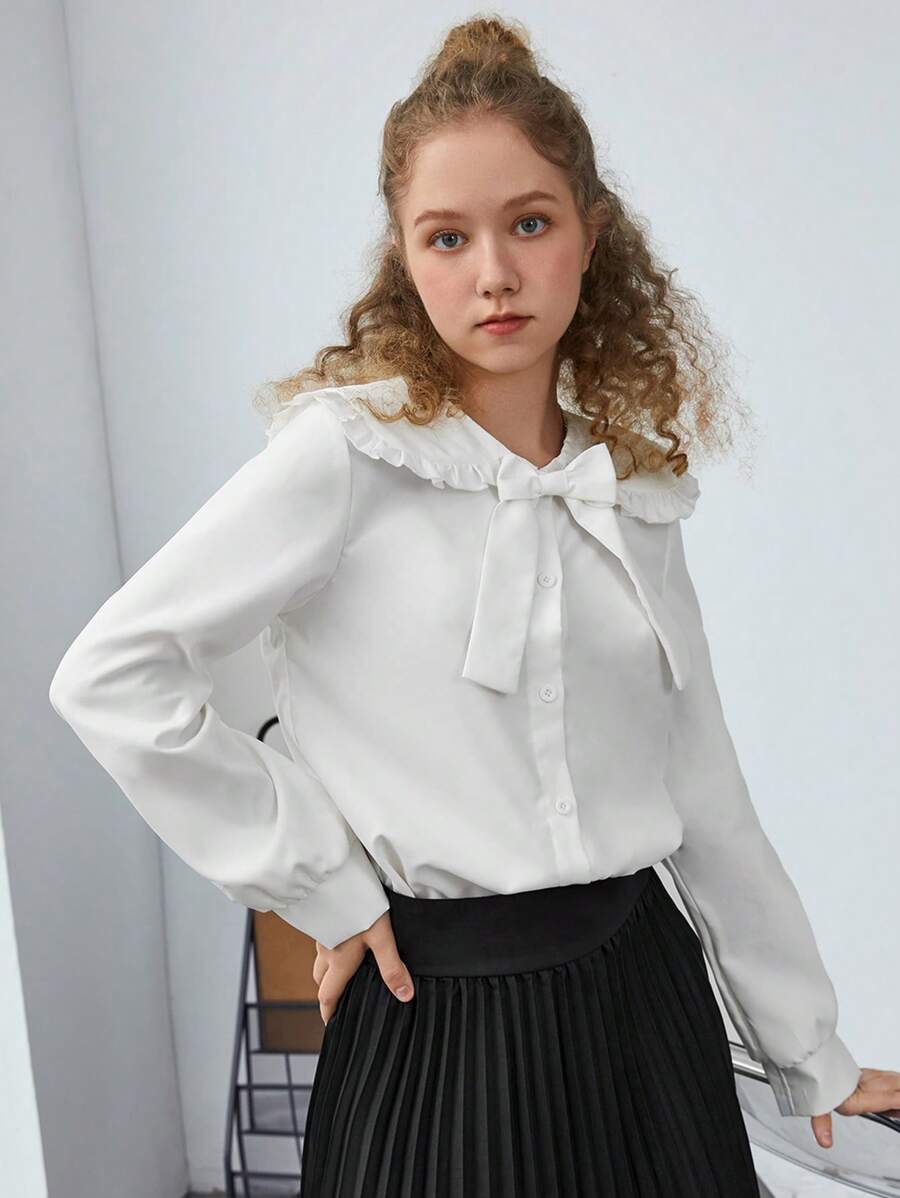 SHEIN Teen Girl Peter Pan Collar Bow Front Blouse - White - View 1