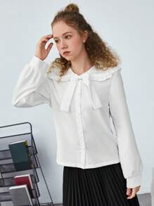SHEIN Teen Girl Peter Pan Collar Bow Front Blouse - White - View 3