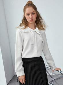 SHEIN Teen Girl Peter Pan Collar Bow Front Blouse - White - View 4