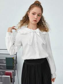 SHEIN Teen Girl Peter Pan Collar Bow Front Blouse - White - View 5