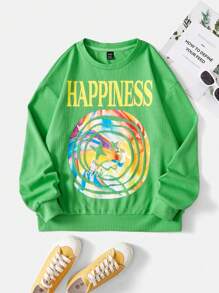 SHEIN EZwear 多巴胺穿衣法字母圖案落肩袖運動衫 - 綠色 - 查看 1