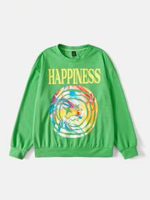 SHEIN EZwear 多巴胺穿衣法字母圖案落肩袖運動衫 - 綠色 - 查看 3