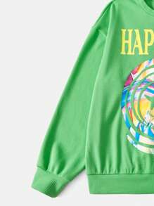 SHEIN EZwear 多巴胺穿衣法字母圖案落肩袖運動衫 - 綠色 - 查看 4