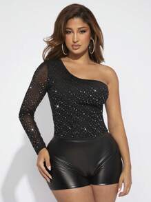 SHEIN SXY Một bờ vai Rhinestone Chi tiết Áo thun - màu đen - Xem 5