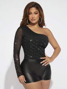 SHEIN SXY Một bờ vai Rhinestone Chi tiết Áo thun - màu đen - Xem 1