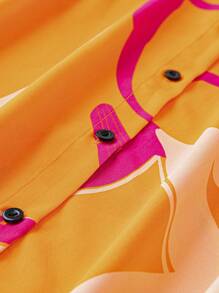 SHEIN Holidaya Hơn In Đồ họa Nút phía trước Váy sơ mi - trái cam - Xem 3