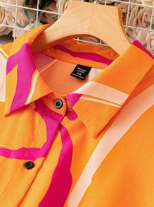 SHEIN Holidaya Hơn In Đồ họa Nút phía trước Váy sơ mi - trái cam - Xem 4