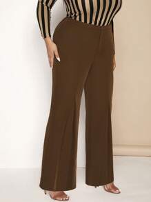 SHEIN SXY Plus Solid Flare Leg Pants - Chocolate Brown - View 5