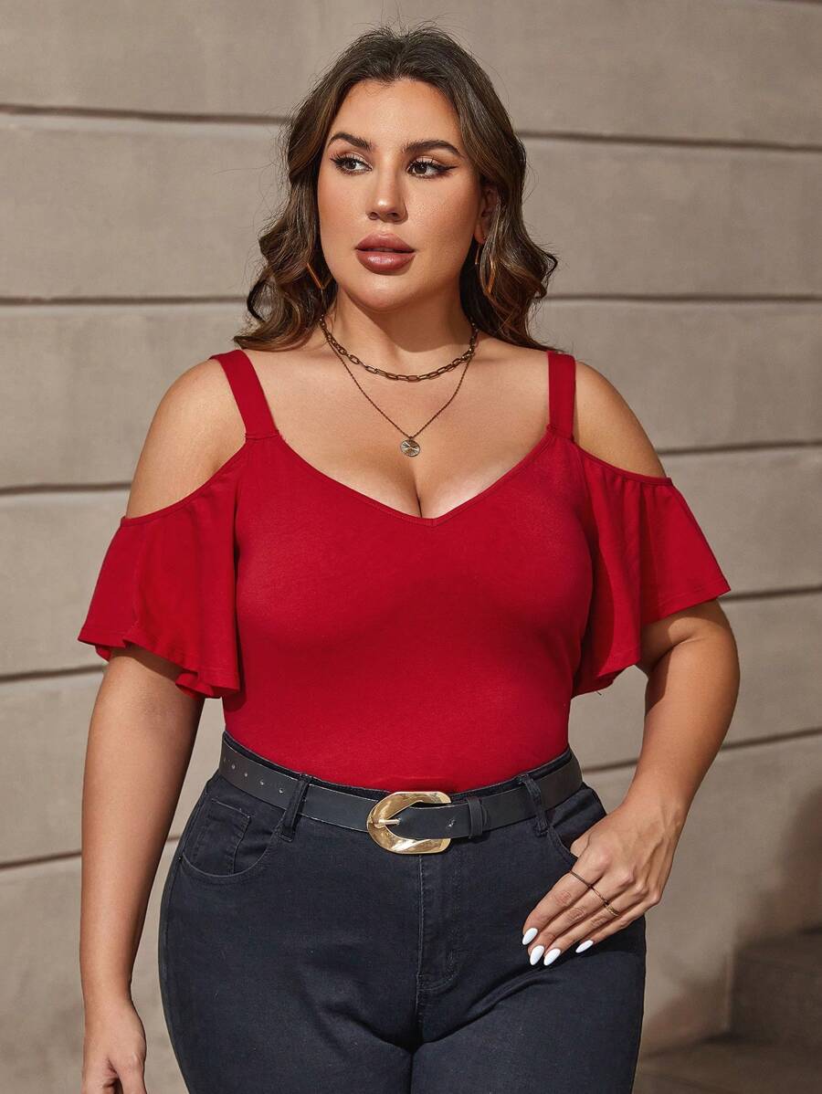 SHEIN Clasi Plus Cold Shoulder Solid Tee - Red - View 1