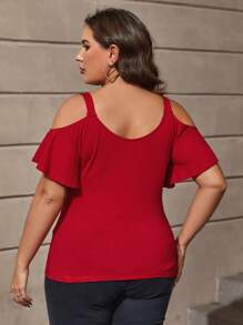 SHEIN Clasi Plus Cold Shoulder Solid Tee - Red - View 2