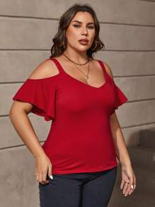 SHEIN Clasi Plus Cold Shoulder Solid Tee - Red - View 3