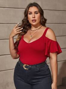 SHEIN Clasi Plus Cold Shoulder Solid Tee - Red - View 4