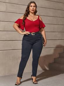 SHEIN Clasi Plus Cold Shoulder Solid Tee - Red - View 5