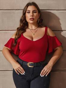 SHEIN Clasi Plus Cold Shoulder Solid Tee - Red - View 6