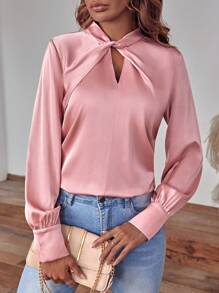 SHEIN Clasi 前扭結鎖眼領緞面襯衫 - 粉色 - 查看 1