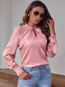 SHEIN Clasi 前扭結鎖眼領緞面襯衫 - 粉色 - 查看 5