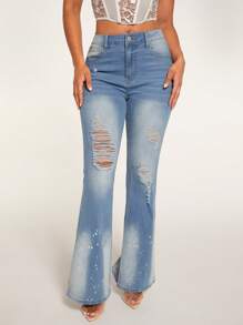 SHEIN BAE Jeans de pierna amplia desgarro - Lavado ligero - Ver 1