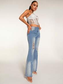 SHEIN BAE Jeans de pierna amplia desgarro - Lavado ligero - Ver 8