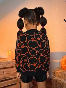 SHEIN Cô Gái Trẻ Halloween Họa tiết Bí ngô Thả vai Áo len Mở - Nhiều màu - Xem 2