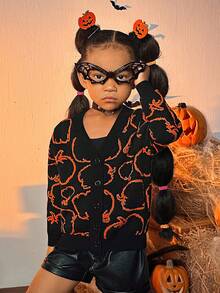 SHEIN Cô Gái Trẻ Halloween Họa tiết Bí ngô Thả vai Áo len Mở - Nhiều màu - Xem 3