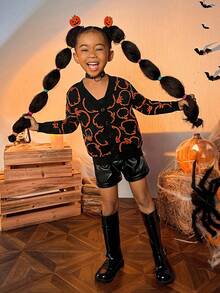 SHEIN Cô Gái Trẻ Halloween Họa tiết Bí ngô Thả vai Áo len Mở - Nhiều màu - Xem 4
