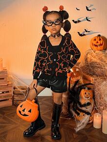 SHEIN Cô Gái Trẻ Halloween Họa tiết Bí ngô Thả vai Áo len Mở - Nhiều màu - Xem 5