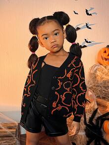 SHEIN Cô Gái Trẻ Halloween Họa tiết Bí ngô Thả vai Áo len Mở - Nhiều màu - Xem 6