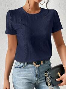 SHEIN Frenchy 素色網眼刺繡T恤 - 藏蓝色 - 查看 7