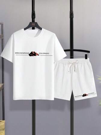 Men Slogan Graphic Tee & Drawstring Waist Shorts